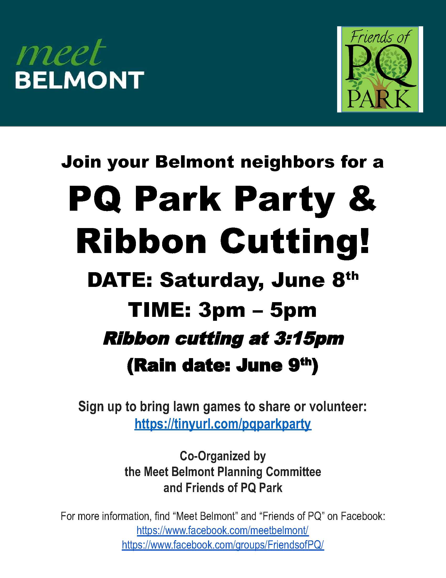 From Friends of PQ Park & Meet Belmont - PQ Park Party and Ribbon Cutting this Saturday